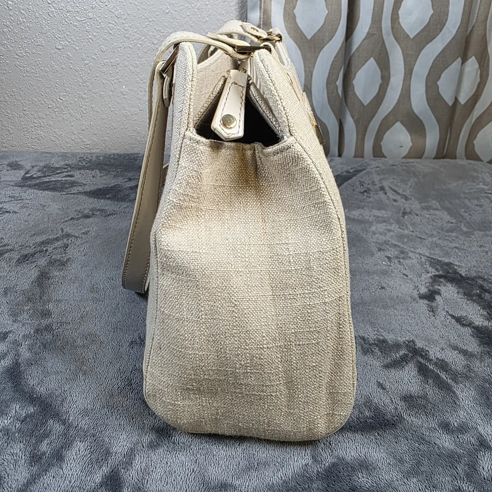 Etienne Aigner Cream and Tan Linen Shoulder Bag.